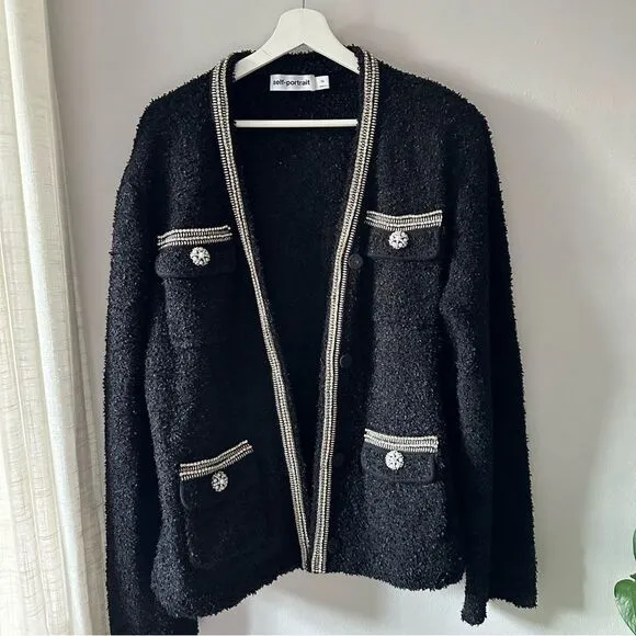 SELF-PORTRAIT Black Tape Knit Crystal-Embellished Bouclé Cardigan