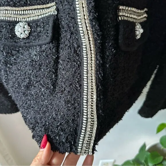 SELF-PORTRAIT Black Tape Knit Crystal-Embellished Bouclé Cardigan