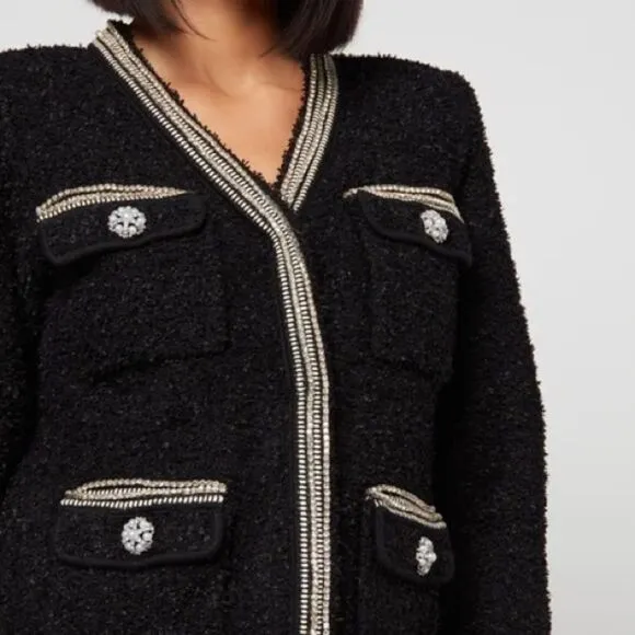 SELF-PORTRAIT Black Tape Knit Crystal-Embellished Bouclé Cardigan