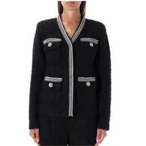 SELF-PORTRAIT Black Tape Knit Crystal-Embellished Bouclé Cardigan