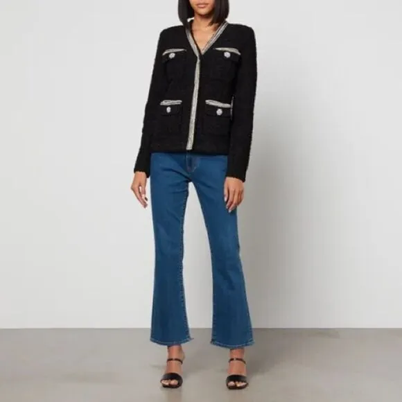 SELF-PORTRAIT Black Tape Knit Crystal-Embellished Bouclé Cardigan