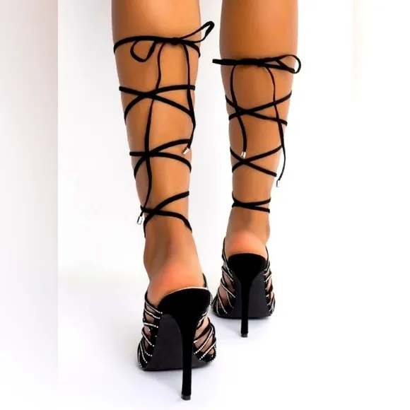 Sexy Black Metallic Strappy Lace Up Square Toe Chain Detail Sandals