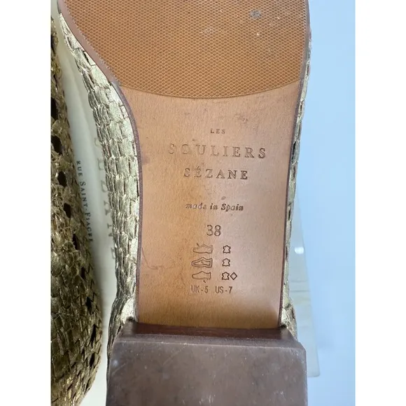 Sezane Womens Gold Anya Low Leather Woven Flats Size 38 French Classic Chic