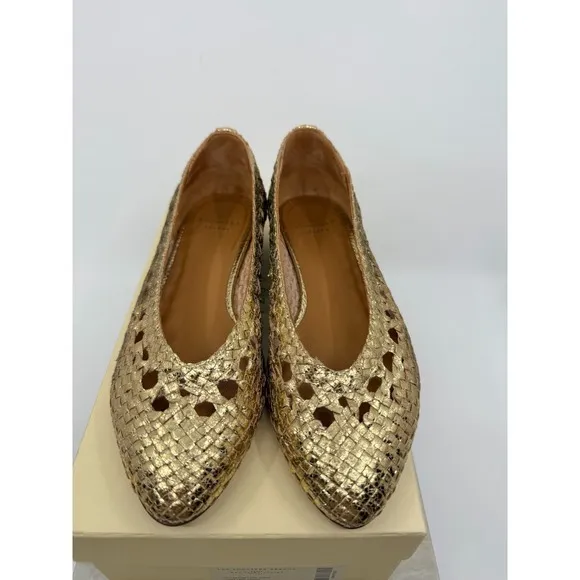 Sezane Womens Gold Anya Low Leather Woven Flats Size 38 French Classic Chic