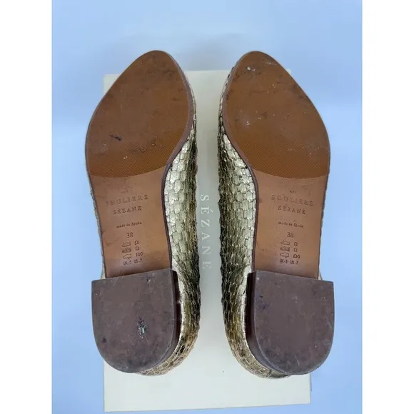 Sezane Womens Gold Anya Low Leather Woven Flats Size 38 French Classic Chic
