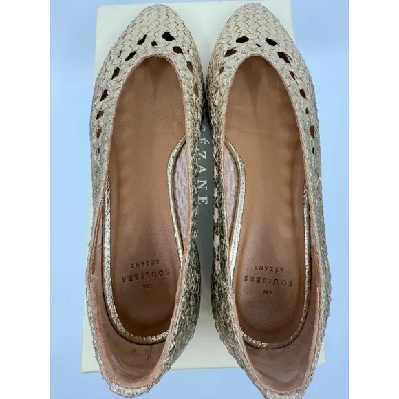 Sezane Womens Gold Anya Low Leather Woven Flats Size 38 French Classic Chic