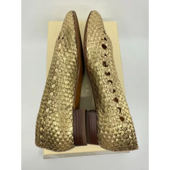 Sezane Womens Gold Anya Low Leather Woven Flats Size 38 French Classic Chic