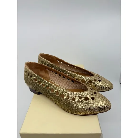 Sezane Womens Gold Anya Low Leather Woven Flats Size 38 French Classic Chic