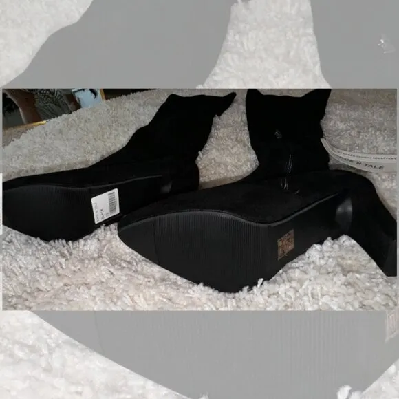 Shoe'N Tale Womens Size 39 Suede Pointed Chunky Heels Thigh High Boots Black NWT