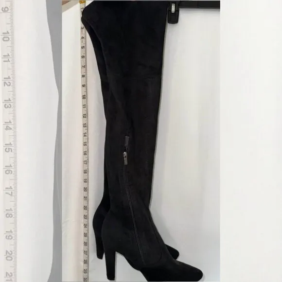 Shoe'N Tale Womens Size 39 Suede Pointed Chunky Heels Thigh High Boots Black NWT