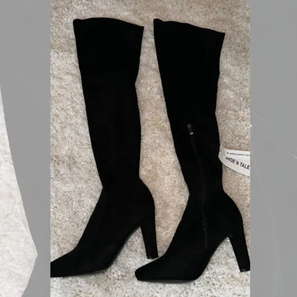 Shoe'N Tale Womens Size 39 Suede Pointed Chunky Heels Thigh High Boots Black NWT