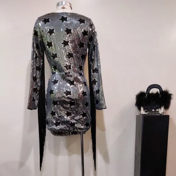 💥SHOWSTOPPER💥Sequin Cocktail Dress w/ Tassel Fringe in Silver &amp; Black
