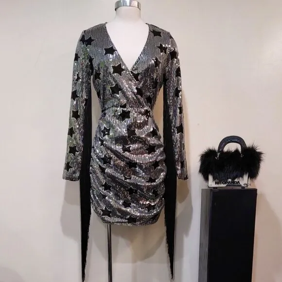 💥SHOWSTOPPER💥Sequin Cocktail Dress w/ Tassel Fringe in Silver &amp; Black