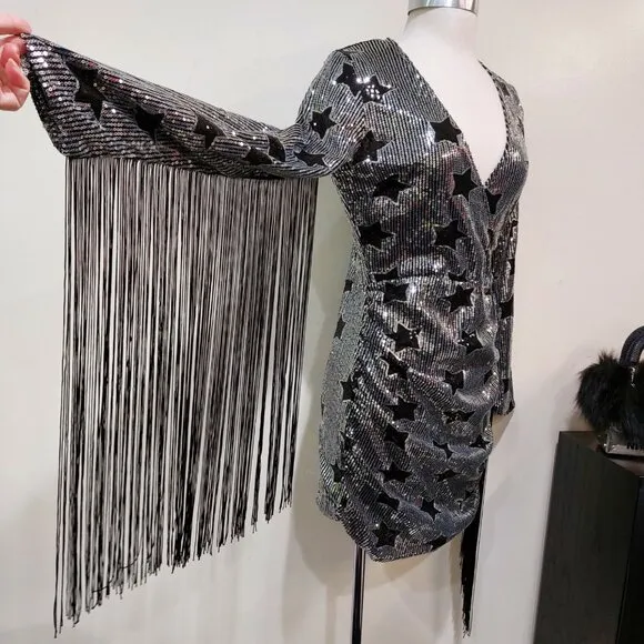 💥SHOWSTOPPER💥Sequin Cocktail Dress w/ Tassel Fringe in Silver &amp; Black