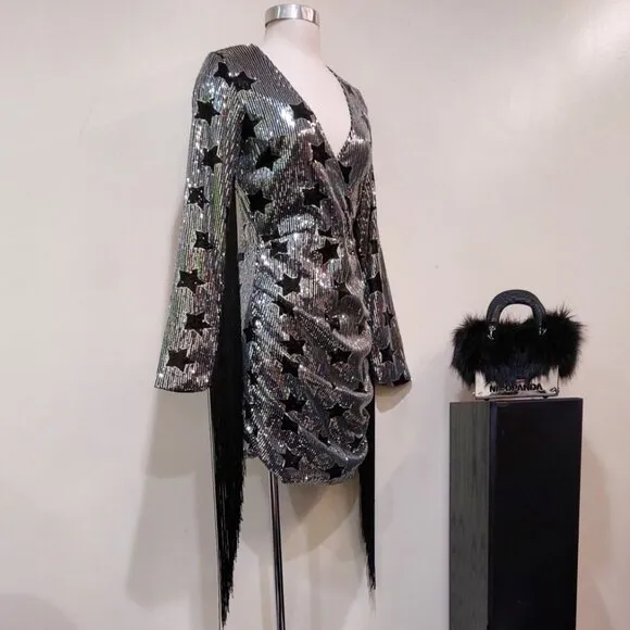 💥SHOWSTOPPER💥Sequin Cocktail Dress w/ Tassel Fringe in Silver &amp; Black