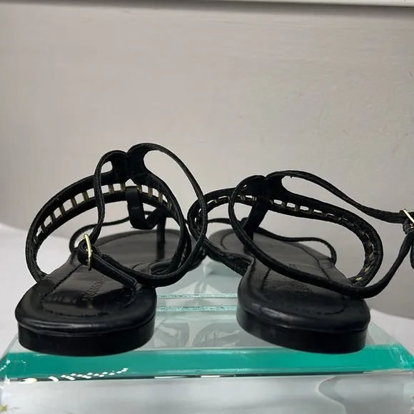 Sigerson Morrison Sz 6 Black Suede Gold Leather TStrap Ankle Strap Flat Sandals