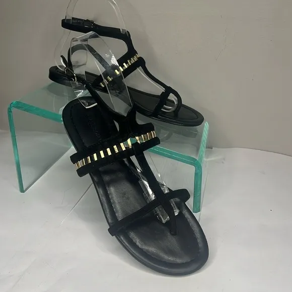 Sigerson Morrison Sz 6 Black Suede Gold Leather TStrap Ankle Strap Flat Sandals