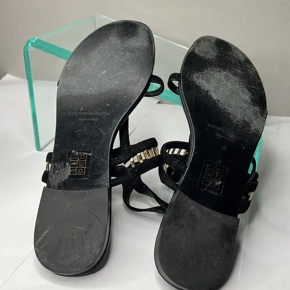 Sigerson Morrison Sz 6 Black Suede Gold Leather TStrap Ankle Strap Flat Sandals