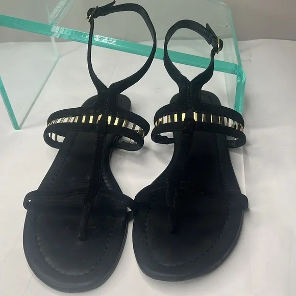 Sigerson Morrison Sz 6 Black Suede Gold Leather TStrap Ankle Strap Flat Sandals