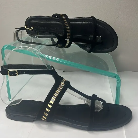 Sigerson Morrison Sz 6 Black Suede Gold Leather TStrap Ankle Strap Flat Sandals