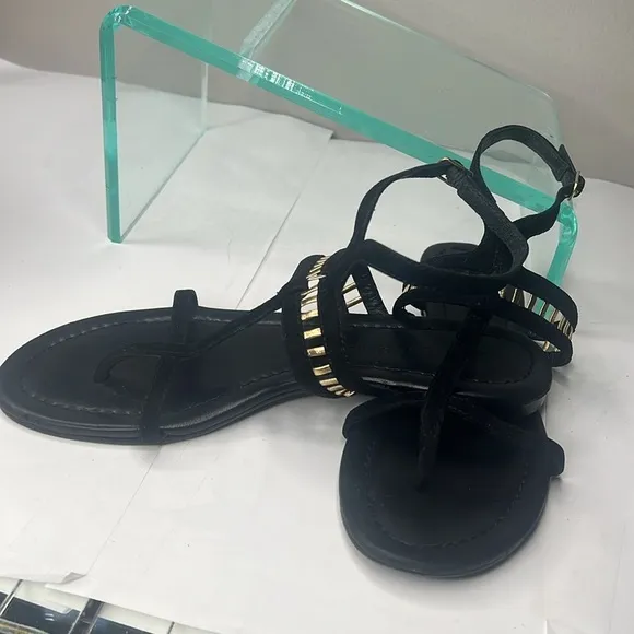 Sigerson Morrison Sz 6 Black Suede Gold Leather TStrap Ankle Strap Flat Sandals