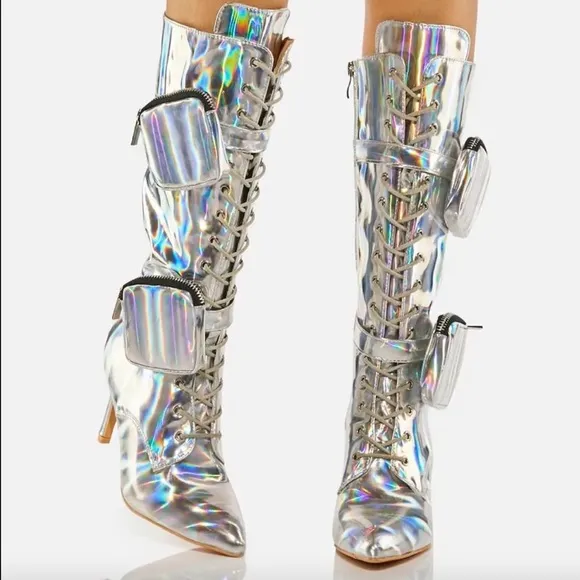 Silver Metallic Holographic Knee High Stiletto High Heel Boots