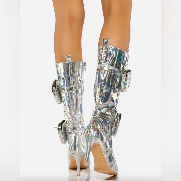 Silver Metallic Holographic Knee High Stiletto High Heel Boots