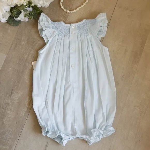Smocked Blue Heirloom Romper Boutique Pin Tucks Bullion Embroidery NWT