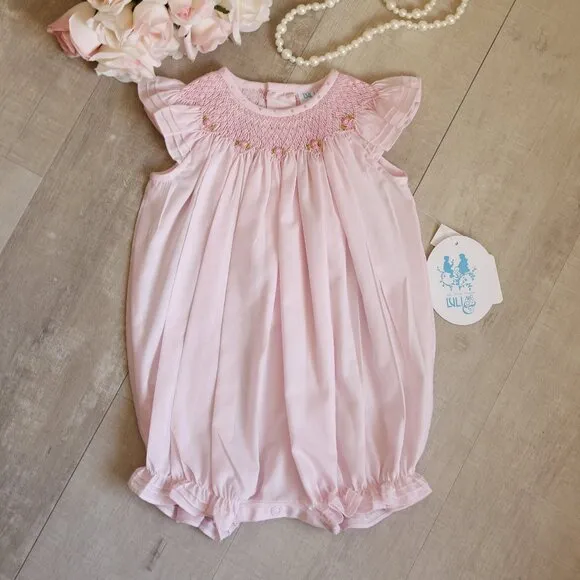 Smocked Blue Heirloom Romper Boutique Pin Tucks Bullion Embroidery NWT