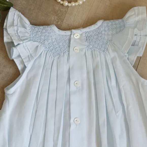 Smocked Blue Heirloom Romper Boutique Pin Tucks Bullion Embroidery NWT