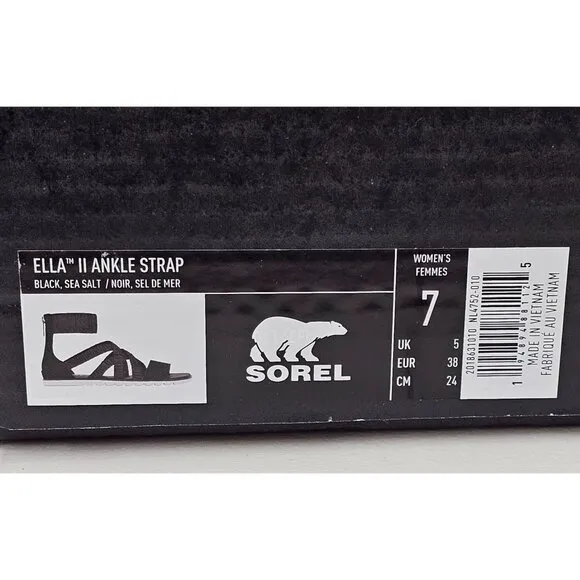 Sorel Ella II Ankle Strap Black Women's Sandals Size 7