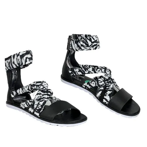 Sorel Ella II Ankle Strap Ruched Sandals NEW Elastic Black White Cruise Size 8