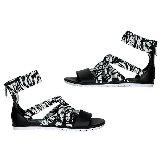 Sorel Ella II Ankle Strap Ruched Sandals NEW Elastic Black White Cruise Size 8