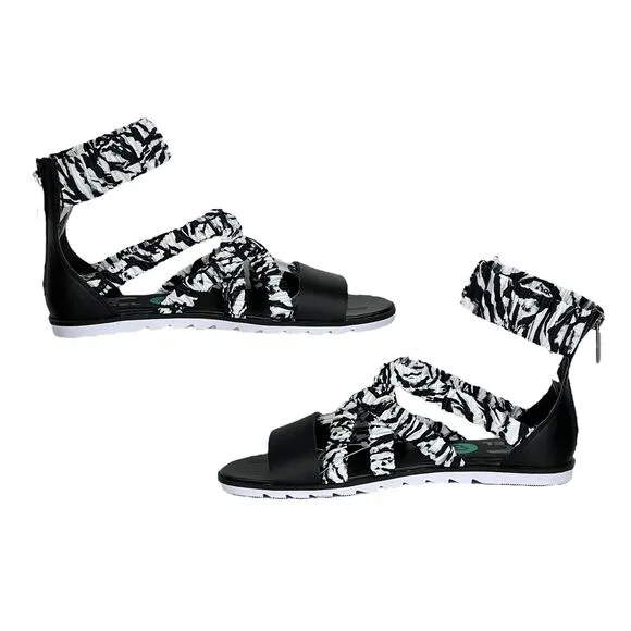Sorel Ella II Ankle Strap Ruched Sandals NEW Elastic Black White Cruise Size 8