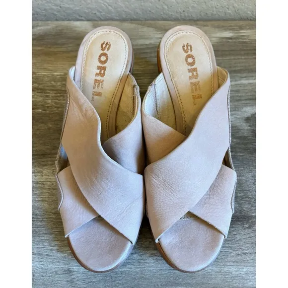 Sorel Nadia Heeled Mule Beige Leather Sandals Womens 7