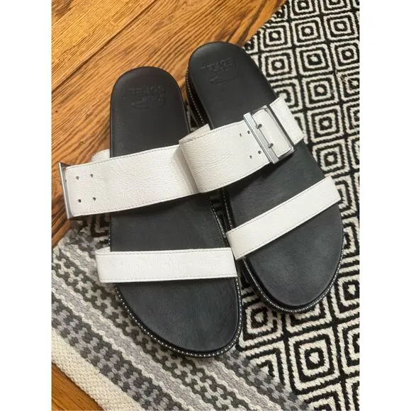 Sorel White Black Leather Roaming Buckle Slide Sandals Size 10