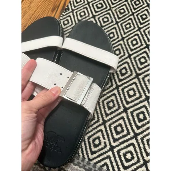 Sorel White Black Leather Roaming Buckle Slide Sandals Size 10