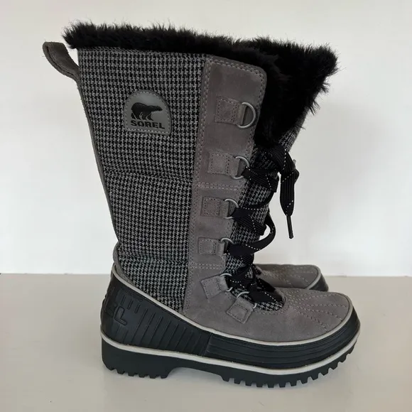Sorel Women's Tivoli Mid-Calf Quarry Black Houndstooth Snow Winter Boots, size 7