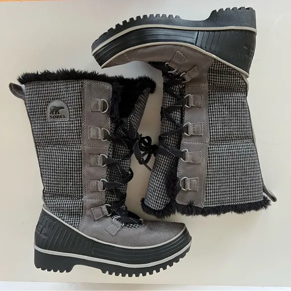 Sorel Women's Tivoli Mid-Calf Quarry Black Houndstooth Snow Winter Boots, size 7