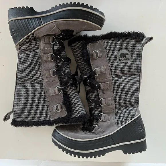 Sorel Women's Tivoli Mid-Calf Quarry Black Houndstooth Snow Winter Boots, size 7