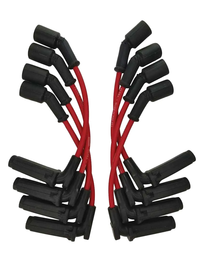 Spark Plug Wire Set - Ultra - Spiral Core - 7 mm - Red - 90 Degree Plug Boots - Factory Style Boots - 11.00 in Long - GM LS-Series - Kit