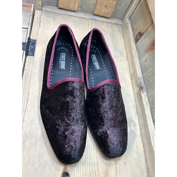 Stacy Adams Mens US10.5 Shoes Red Burgundy Velour Smoking Loafers Sultan 25278