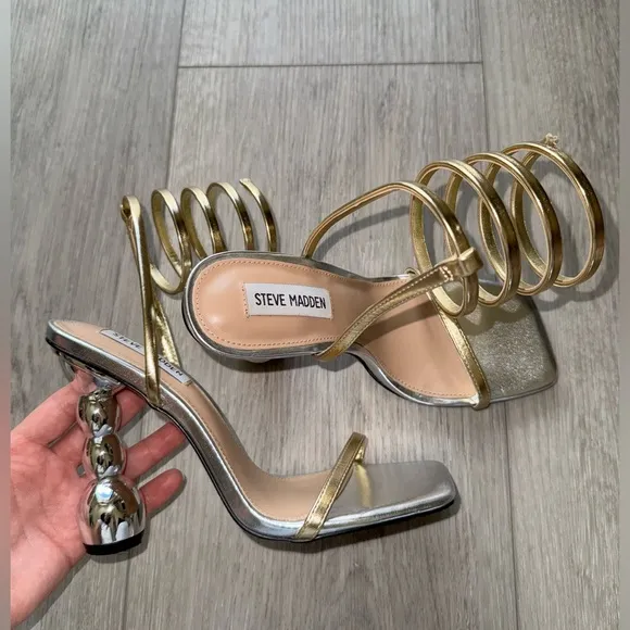 Steve Madden Ashna Dress Sandals 7.5 Gold/Silver Coil Ankle Strap Square Toe