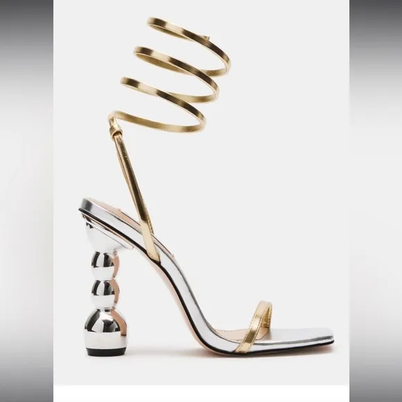 Steve Madden Ashna Dress Sandals 7.5 Gold/Silver Coil Ankle Strap Square Toe