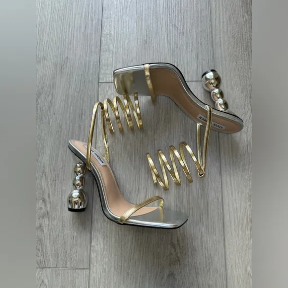 Steve Madden Ashna Dress Sandals 7.5 Gold/Silver Coil Ankle Strap Square Toe