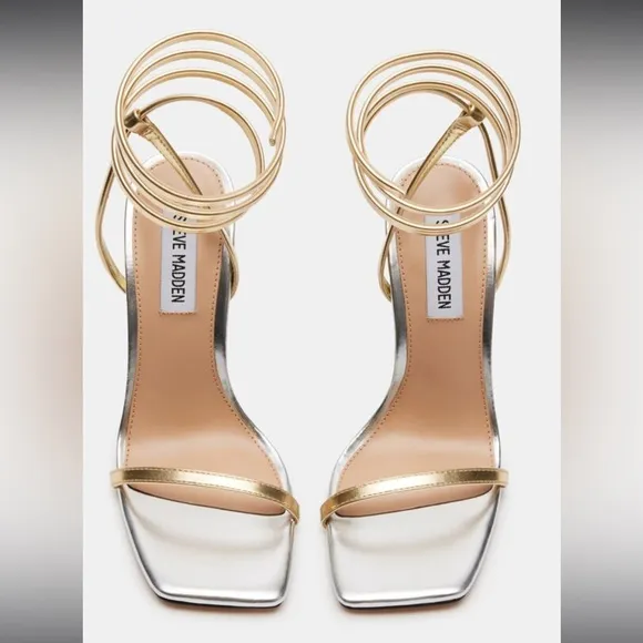 Steve Madden Ashna Dress Sandals 7.5 Gold/Silver Coil Ankle Strap Square Toe