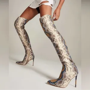 Steve Madden Blue &amp; Yellow Snakeskin Viktory Over the Knee Heeled Boots Size 8