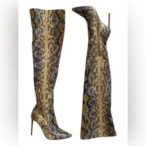 Steve Madden Blue &amp; Yellow Snakeskin Viktory Over the Knee Heeled Boots Size 8