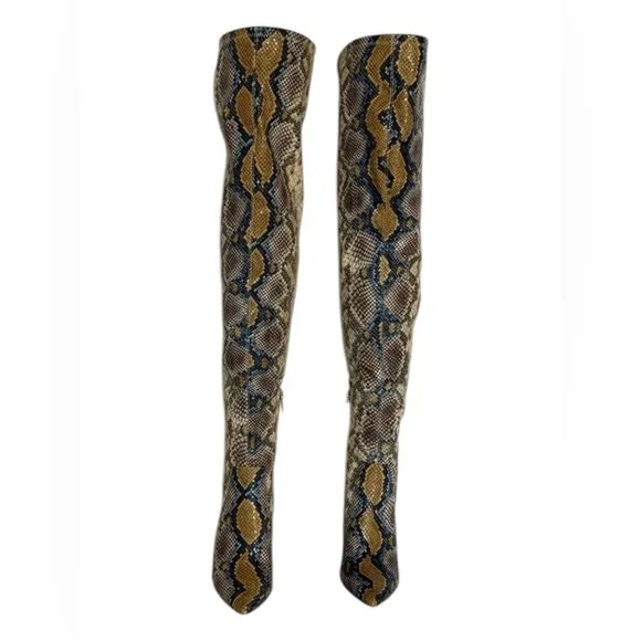 Steve Madden Blue &amp; Yellow Snakeskin Viktory Over the Knee Heeled Boots Size 8