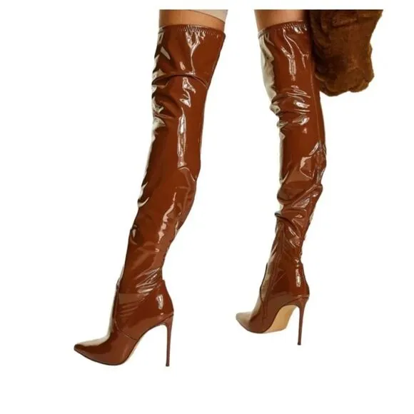 STEVE MADDEN brown patent thigh high boots size 7